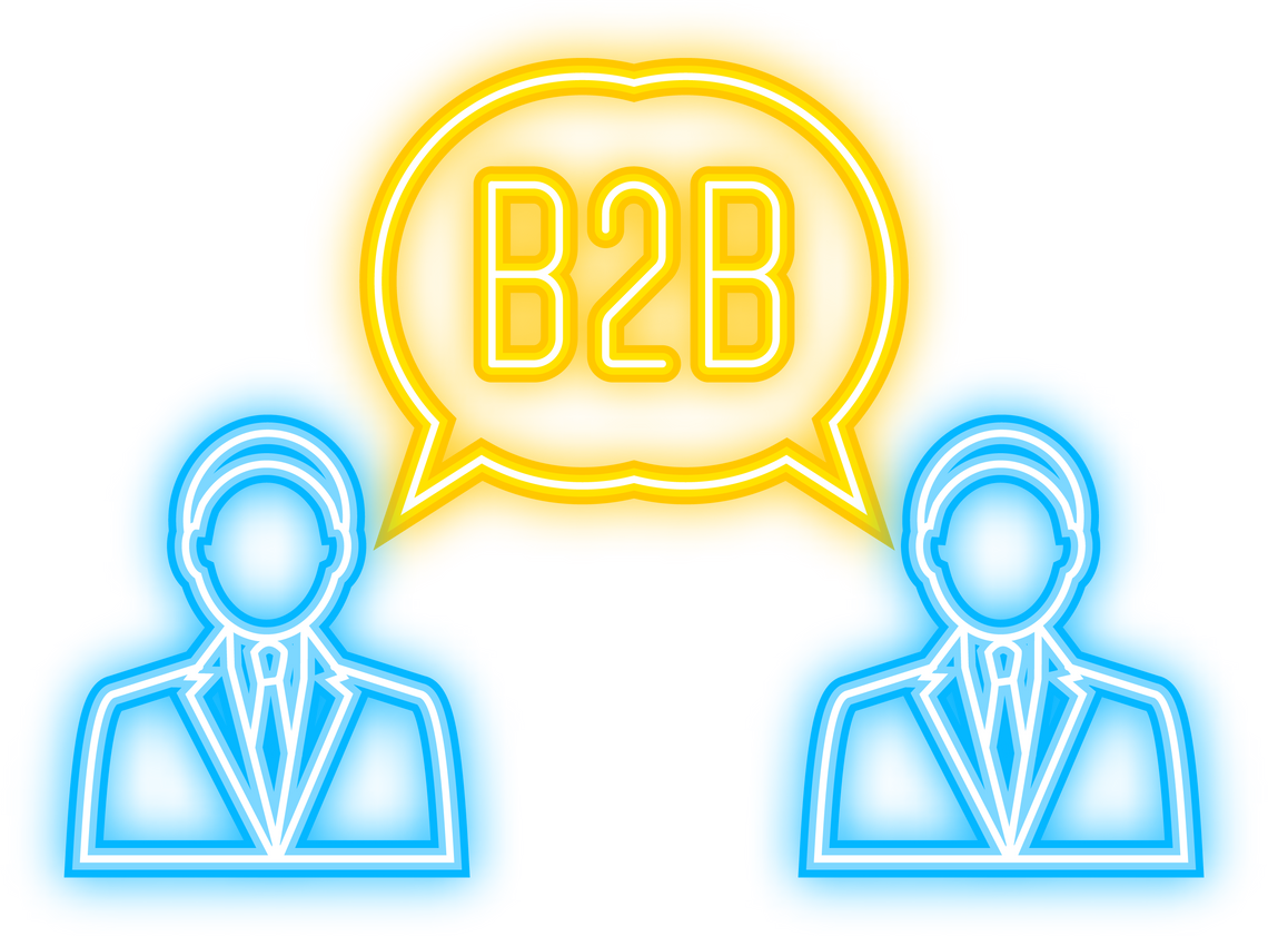 B2B sales person selling products. Neon icon. Business-to-business sales, B2B sales method. Vector illustration